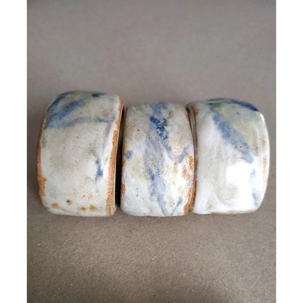 Handcrafted Ceramic Napkin Rings Blue Terracotta Watercolor Glossy Signed SCP